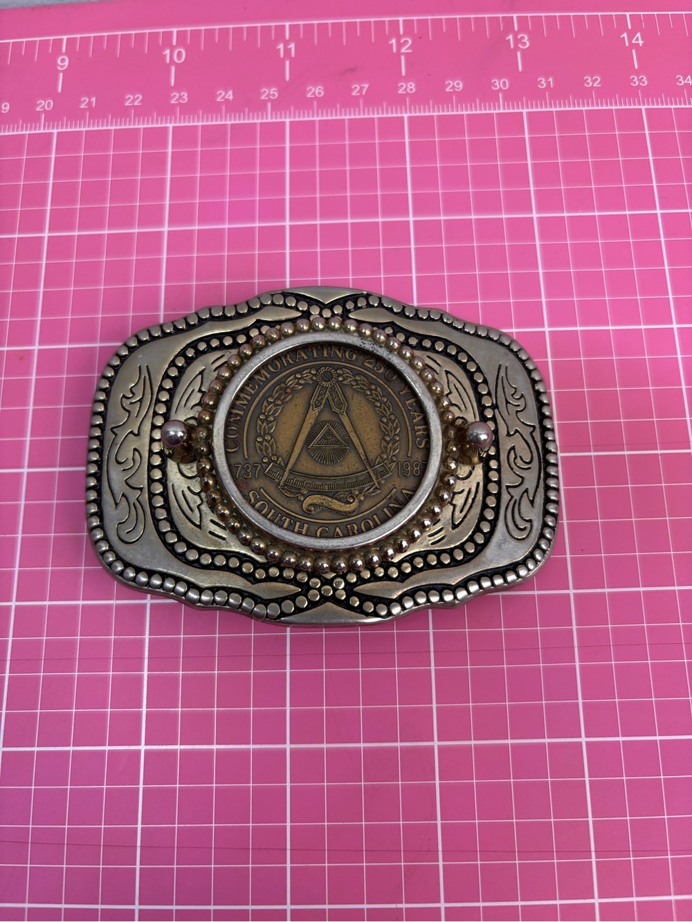 VTG Free Masons South Carolina Token Coin Belt Buckle 250 Anniversary 1737-1987